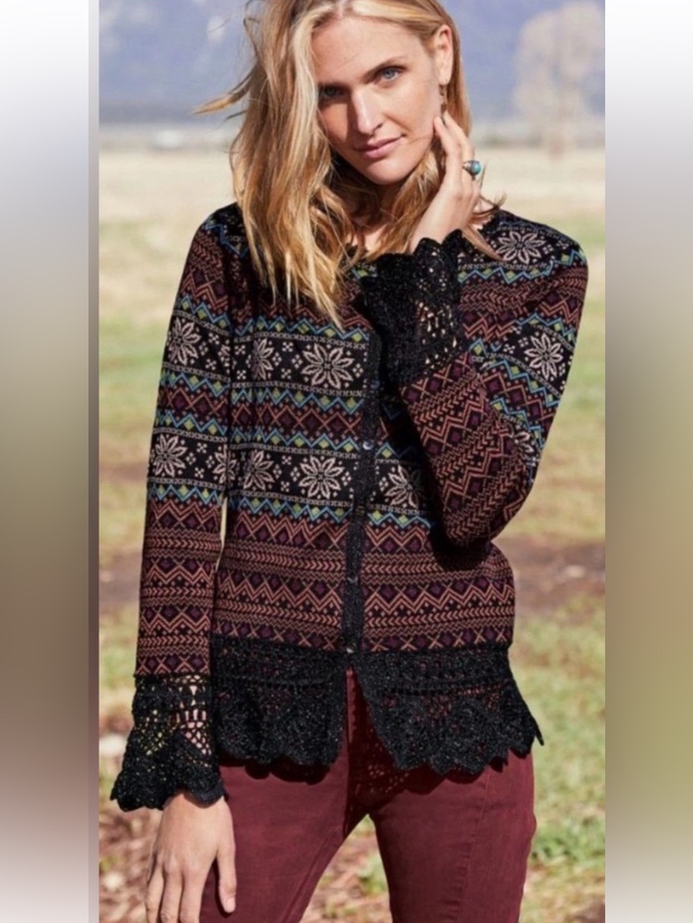 NWOT BEAUTIFUL PERUVIAN CONNECTION MULTI-COLORED WITH BLACK LACE
CARDIGAN SIZE S